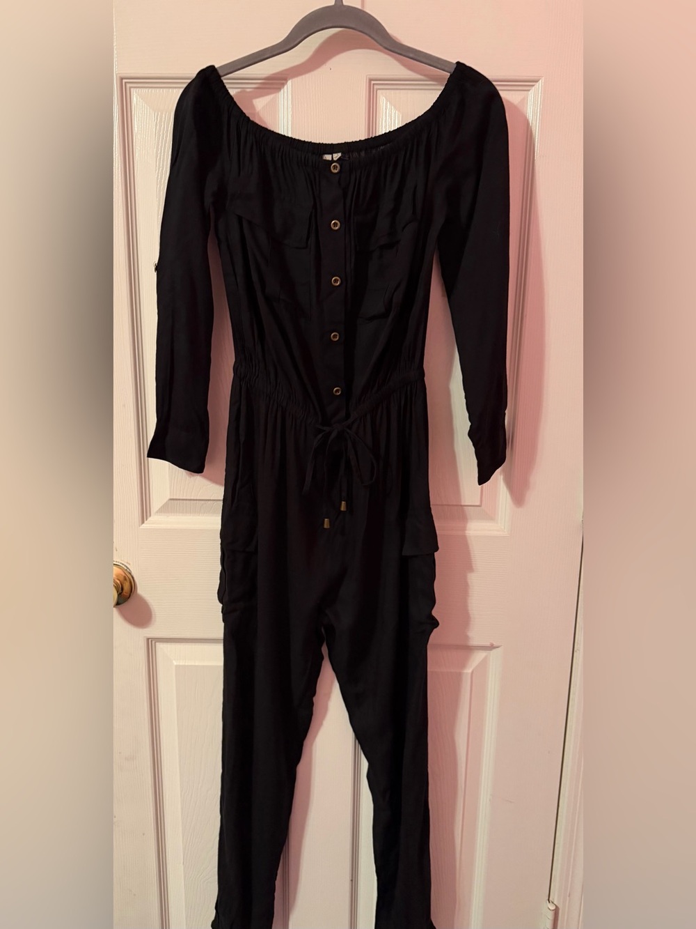 NWT Black 3/4-Sleeve Button-Front Jumpsuit with Drawstring Waist By FEATHERS NYC
